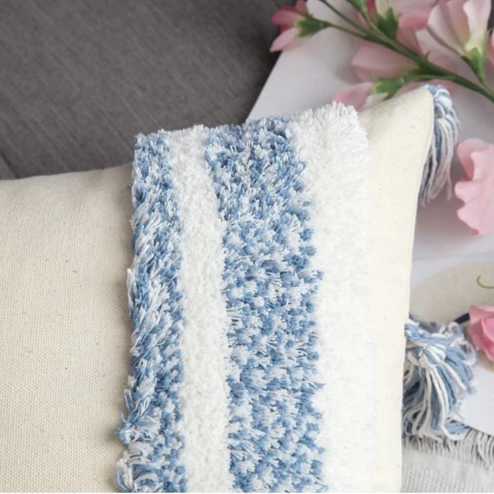 Luxury Home | Oversized Boho Chic Blue & White Tufted Tassel Corner Pillow Cover